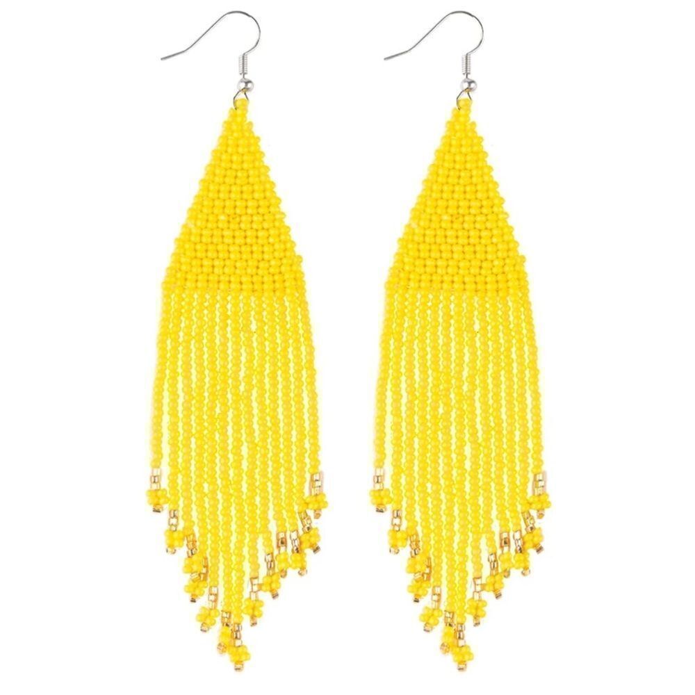 Yellow Bohemian Seed Bead Tassel Dangling Statement French Wire Hook Earrings